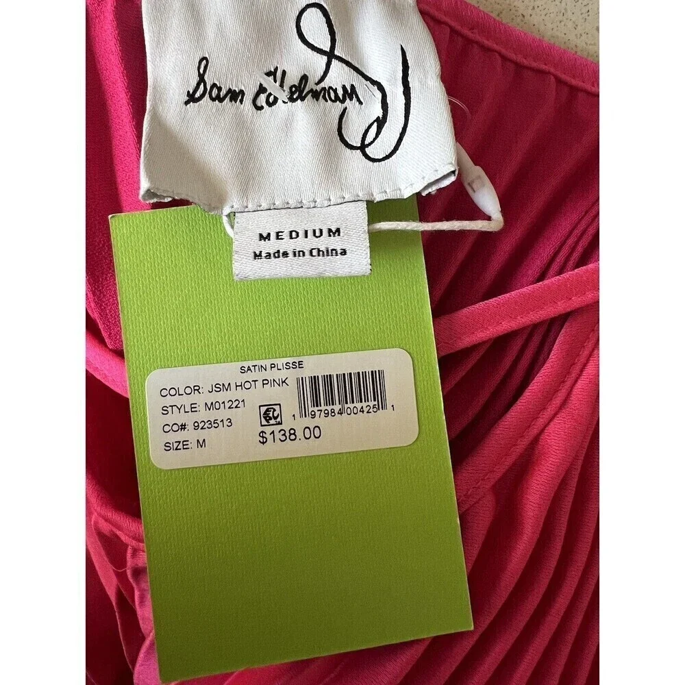 Sam Edelman barbiecore midi dress Hammered Satin Plissé luxury Dress Pink tie M - Picture 4 of 9